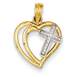 14K Gold Two-tone Double Heart with Cross Pendant