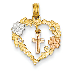 14K Gold Two-tone & Rhodium Heart with Dangling Cross Pendant