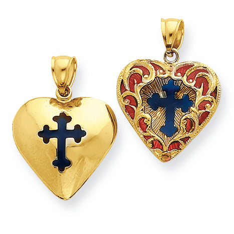 14K Gold 3-D Blue/Red Translucent Acrylic Cross in Heart Pendant