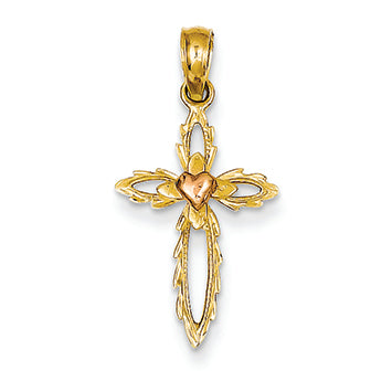 14K Gold Two-tone Cut-out Cross with Pink Heart Pendant