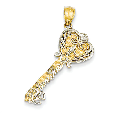 14K Gold Yellow Gold Rhodium Plated I Love You Key Pendant