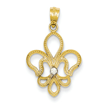 14K Gold Yellow Gold Rhodium Plated Diamond Cut Fleur de lis Pendant