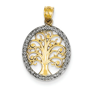 14K Gold Yellow Gold Rhodium Plated Tree of Life Pendant