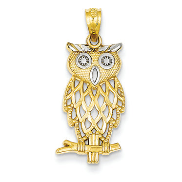 14K Gold Yellow Gold Rhodium Plated Diamond Cut Owl Pendant