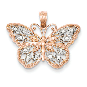 14K Gold Rose Gold Rhodium Plated Diamond Cut Butterfly Pendant