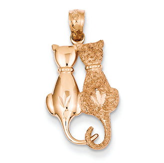 14K Gold Rose Gold Polished and Textured Sitting Cats Pendant