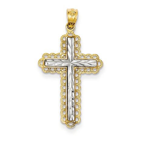 14K Gold Yellow Gold Rhodium Plated Diamond Cut Cross Pendant