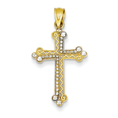 14K Gold Yellow Gold Rhodium Plated Diamond Cut Cross Pendant