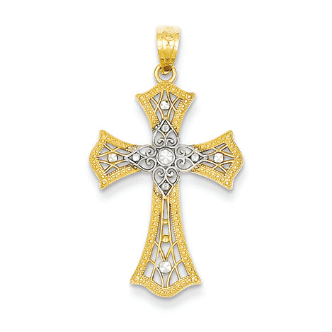 14K Gold Yellow Gold Rhodium Plated Diamond Cut Cross Pendant