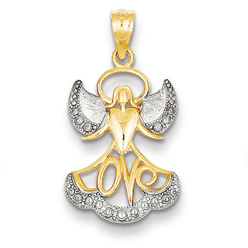 14K Gold Yellow Gold Rhodium Plated Angel with Love Pendant