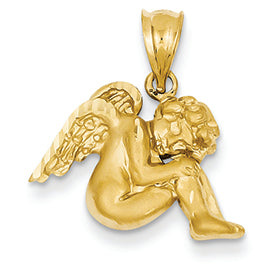 14K Gold Satin & Diamond-Cut Angel Pendant
