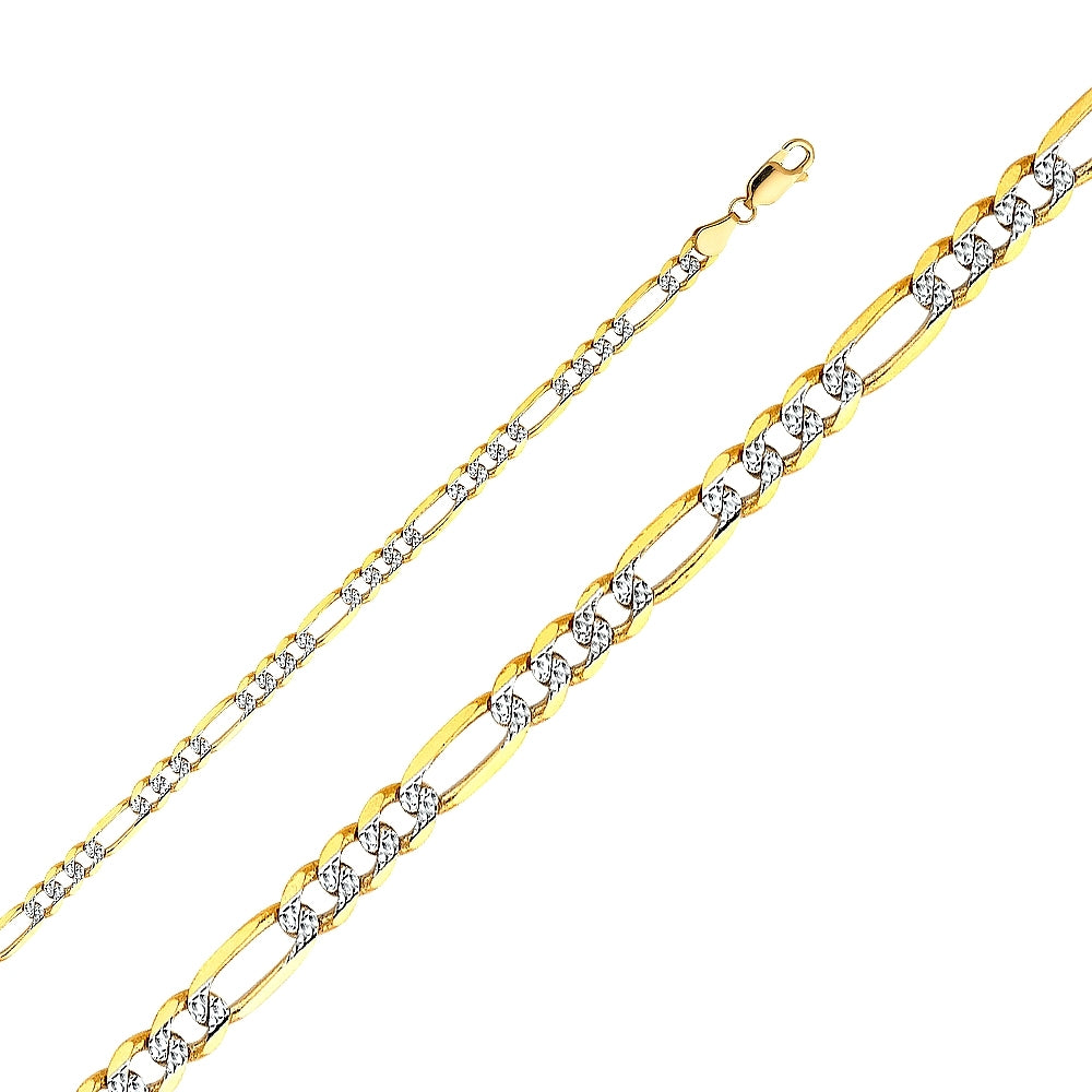 14K Solid Two Tone Gold Pave Figaro Chain 5mm thick 24 Inches.  Made in Italy