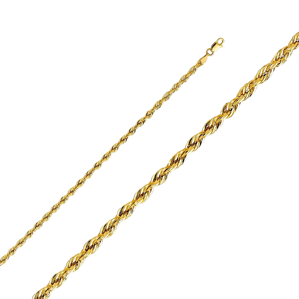 14K Solid Yellow Gold Hollow Diamond Cut Rope Chain 3.5mm thick 20 Inches.  Made in Italy