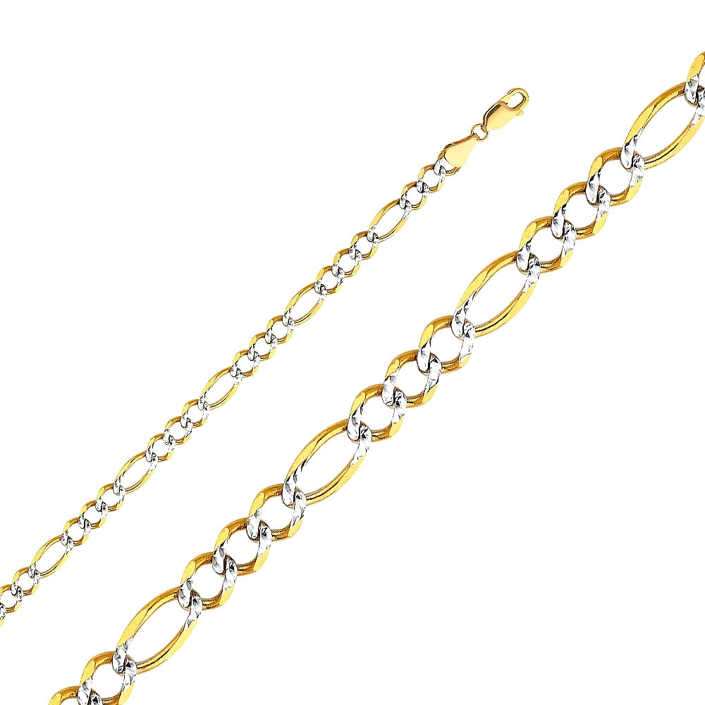 14K Solid Two Tone Gold Pave Open Figaro Bracelet 6.2mm thick 8 Inches.  Made in Italy