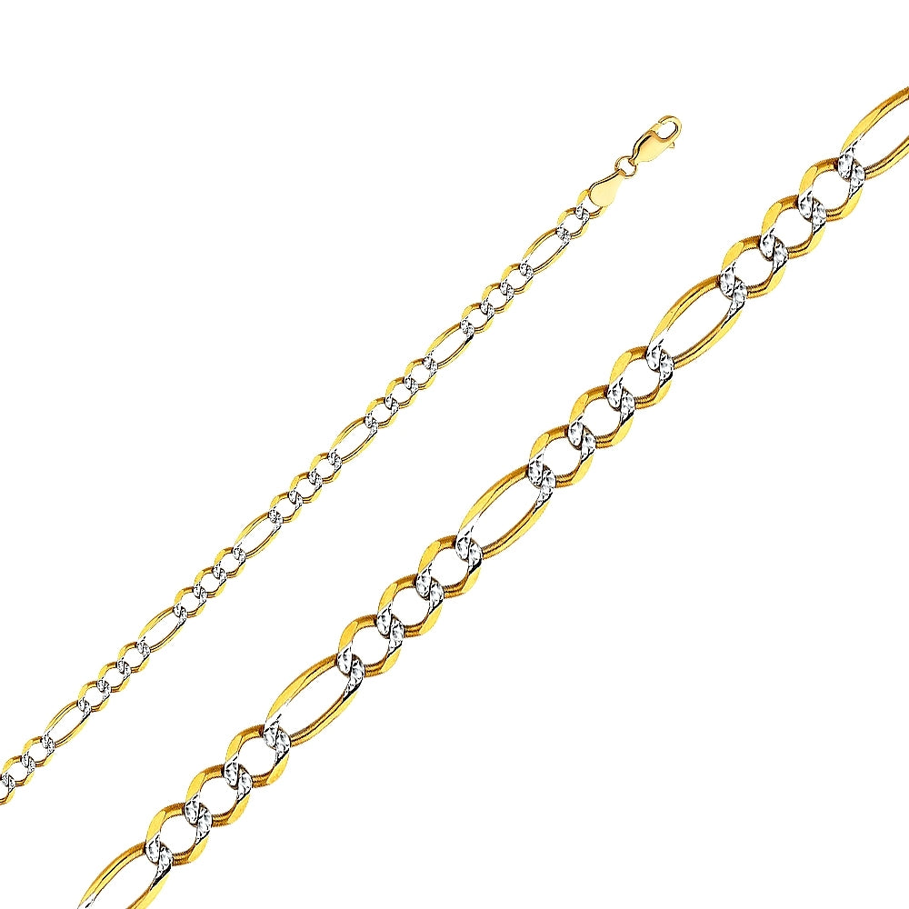 14K Solid Two Tone Gold Pave Open Figaro Chain 5.2mm thick 24 Inches.  Made in Italy