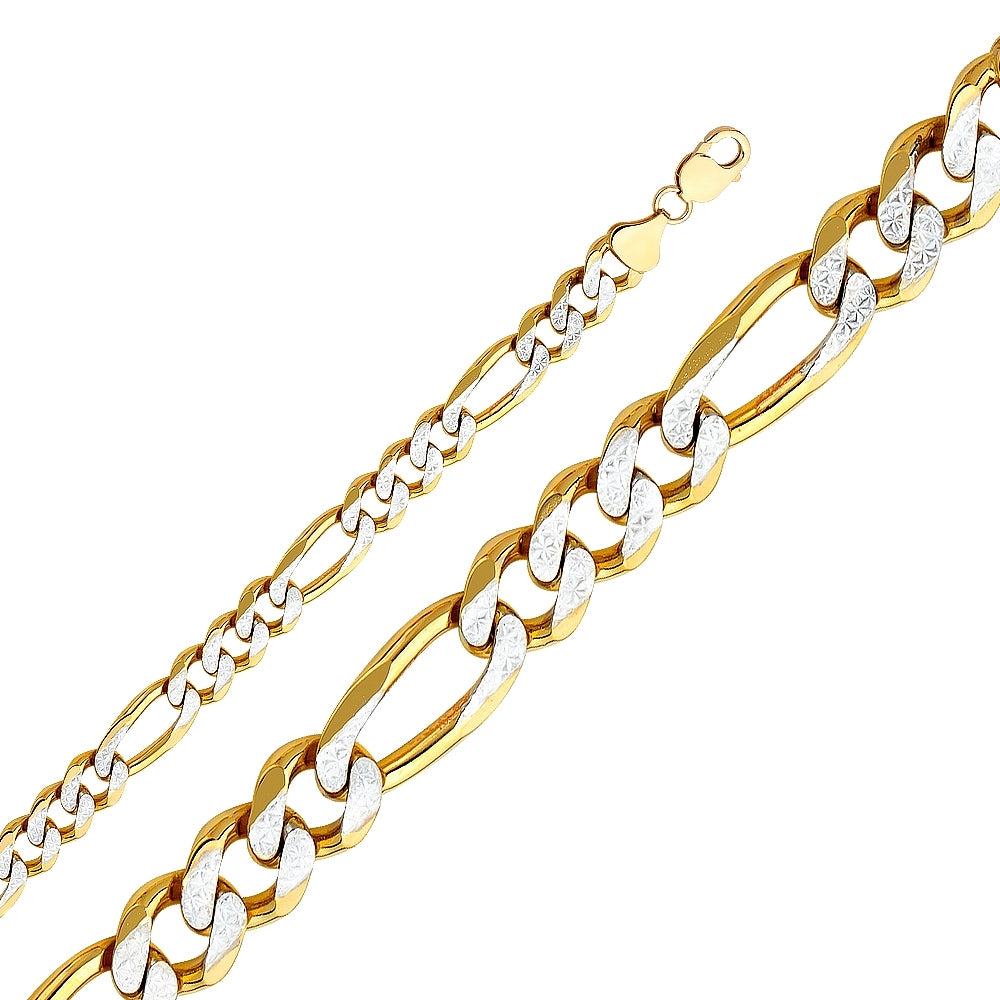 14K Solid Two Tone Gold Pave Figaro Chain 12.4mm thick 24 Inches.  Made in Italy