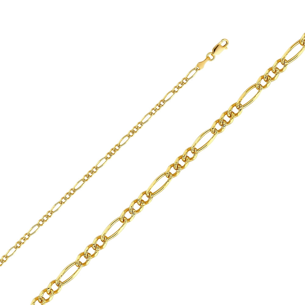 14K Solid Yellow Gold Pave Figaro Chain 3.4mm thick 22 Inches.  Made in Italy