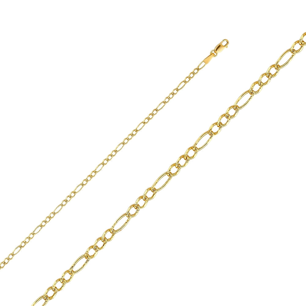 14K Solid Yellow Gold Pave Figaro Chain 3mm thick 20 Inches.  Made in Italy