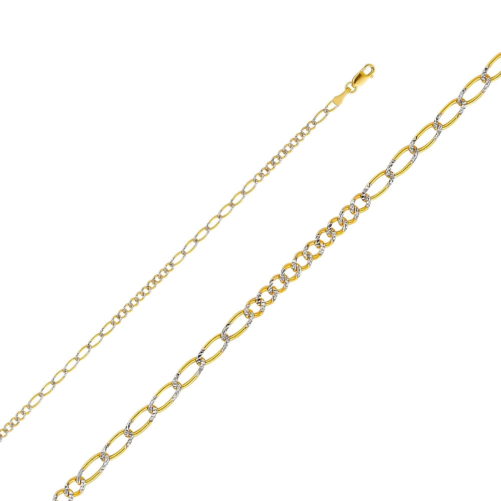 14K Solid Two Tone Gold Pave Figaro Chain 2.9mm thick 20 Inches.  Made in Italy