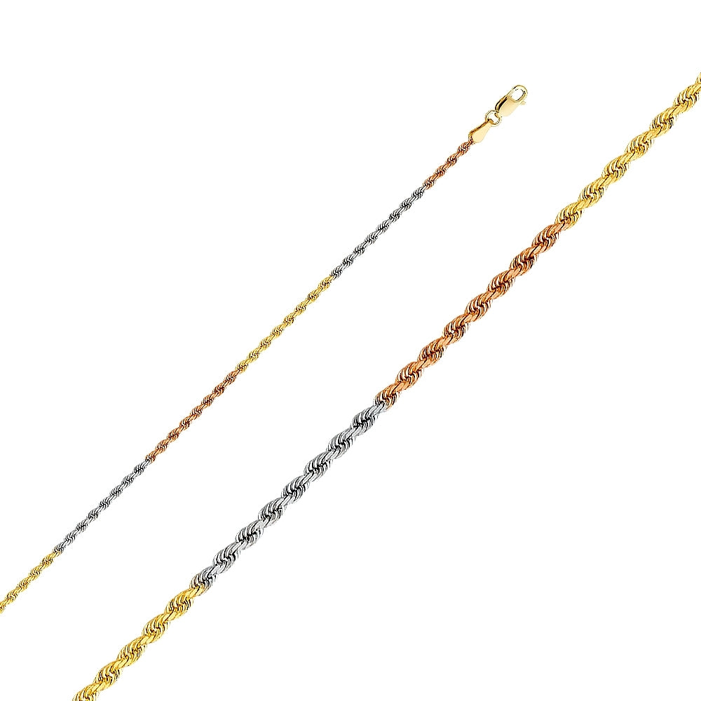 14K Solid Multi Tone Gold Heavy Diamond Cut Rope Chain 2.5mm thick 22 Inches.  Made in Italy