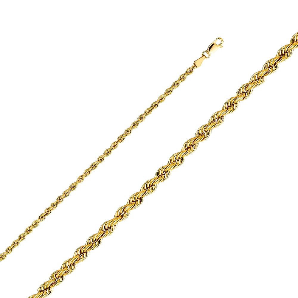 14K Solid Yellow Gold Hollow Rope Chain 3.5mm thick 20 Inches.  Made in Italy