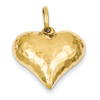 14K Gold Hollow Polished Hammered Medium Puffed Heart Charm