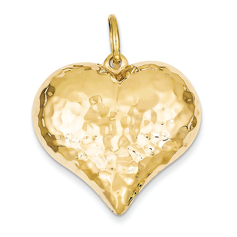14K Gold Hollow Polished Hammered Large Puffed Heart Charm