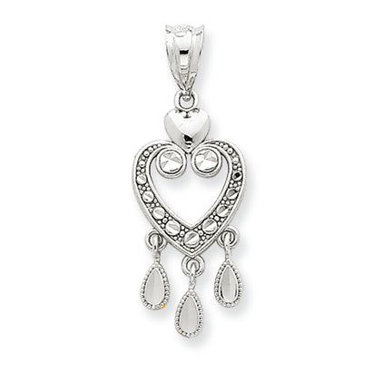 14K White Gold Solid Diamond-cut Fancy Dangle Heart Pendant