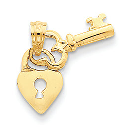 14K Gold Solid Polished Heart & Key Charm