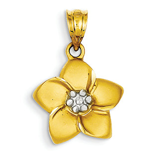 14K Gold & Rhodium Satin Polished Diamond-cut Floral Pendant