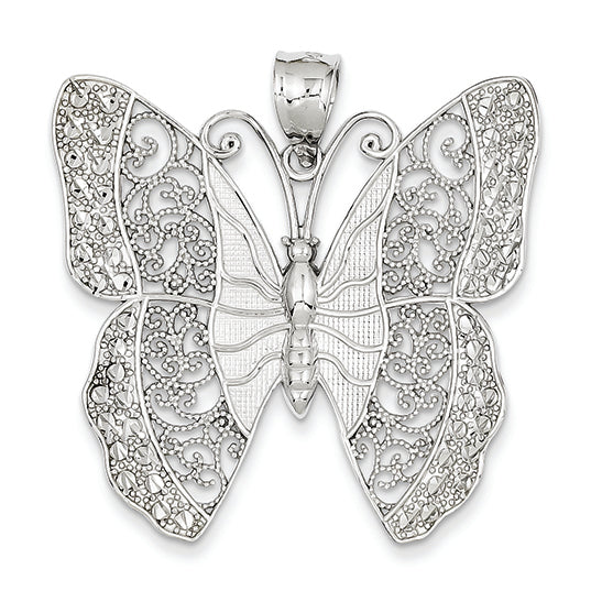 14K White Gold Solid Polished Diamond-cut Filigree Butterfly Pendant