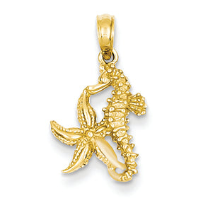 14K Gold Solid Seahorse & Starfish Pendant
