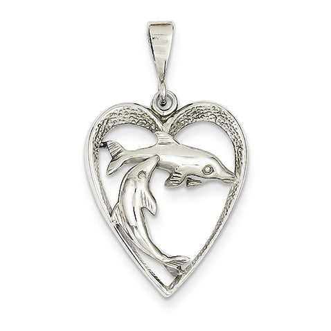14K White Gold Solid Polished Double Dolphins in Heart Pendant