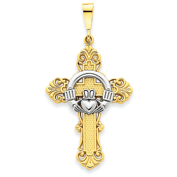 14K Gold Two-tone Claddagh Cross Pendant