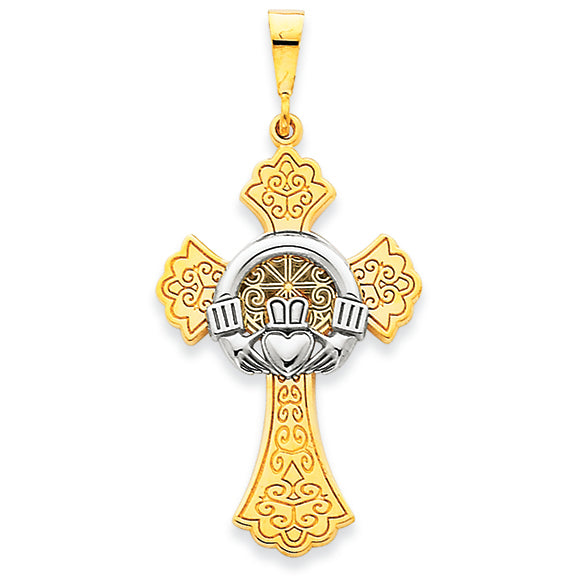 14K Gold Two-tone Claddagh Cross Pendant
