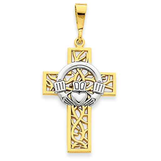 14K Gold Two-tone Claddagh Cross Pendant