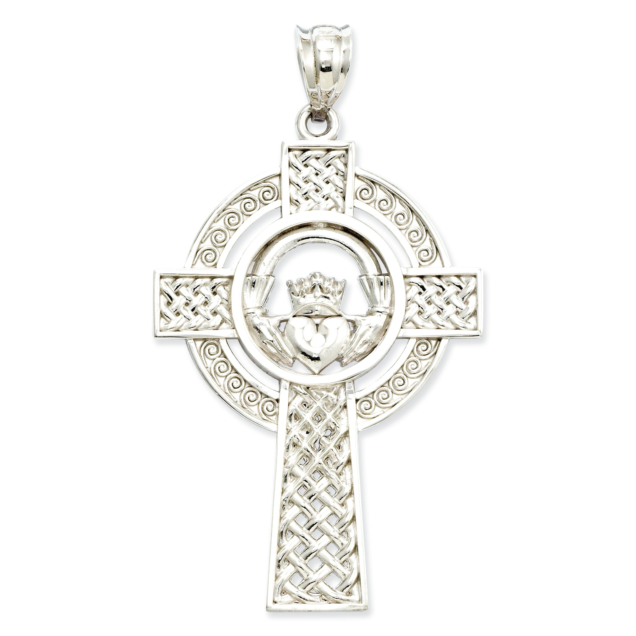 14K White Gold Celtic Claddagh Cross Pendant
