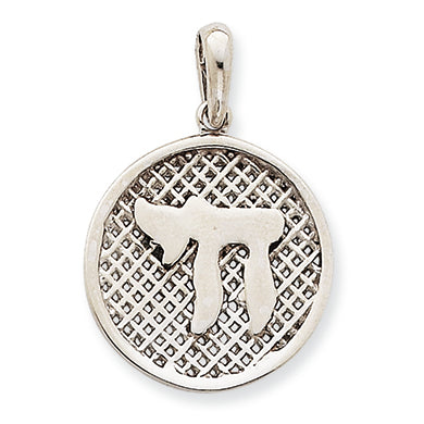 14K White Gold Mesh Chai Round Pendant