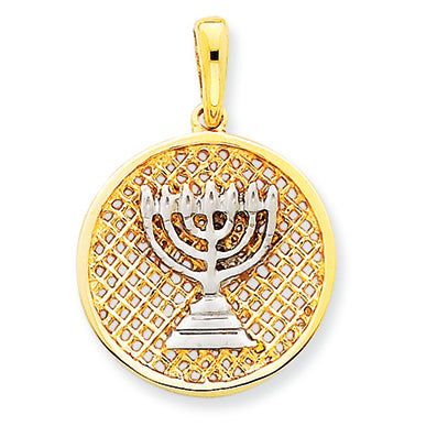 14K Gold & Rhodium Mesh Menorah Round Pendant