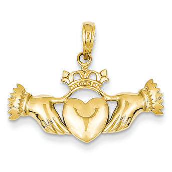 14K Gold Solid Polished Flat-Backed Claddagh Pendant