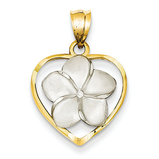 14K Gold Two-tone Diamond-cut Satin Heart with Flower Pendant