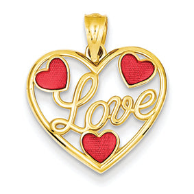 14K Gold Red Enameled Hearts Pendant