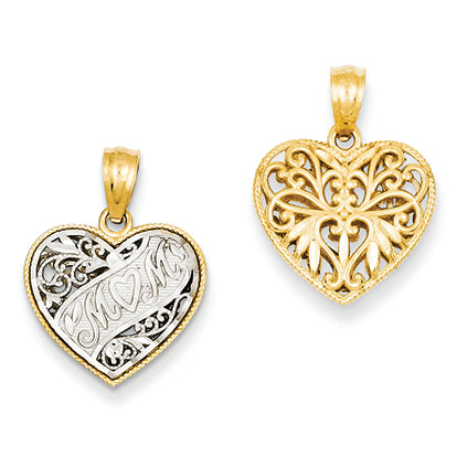 14K Gold Two-tone Mini Reversible Mom Heart Pendant