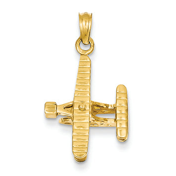 14K Gold 3-D Bi-Plane with Ribbed Wings Pendant