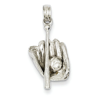 14K White Gold 3-D Baseball Glove, Bat & Ball Pendant