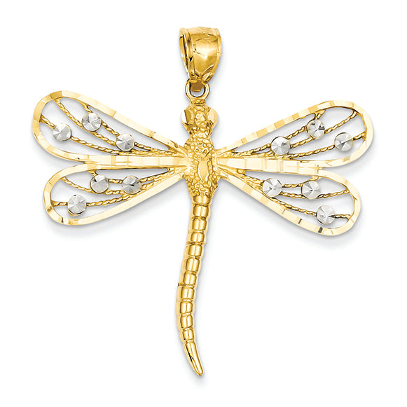 14K Gold Two-tone Diamond-cut Filigree Dragonfly Pendant