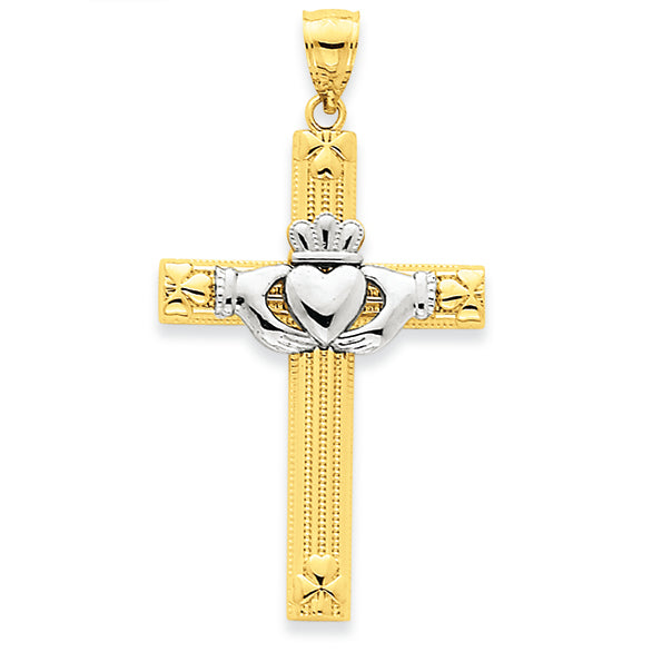 14K Gold Two-tone Claddagh Cross Pendant