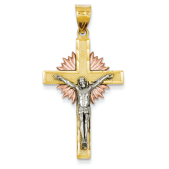 14K Gold Tri-Color Diamond Cut Crucifix Pendant