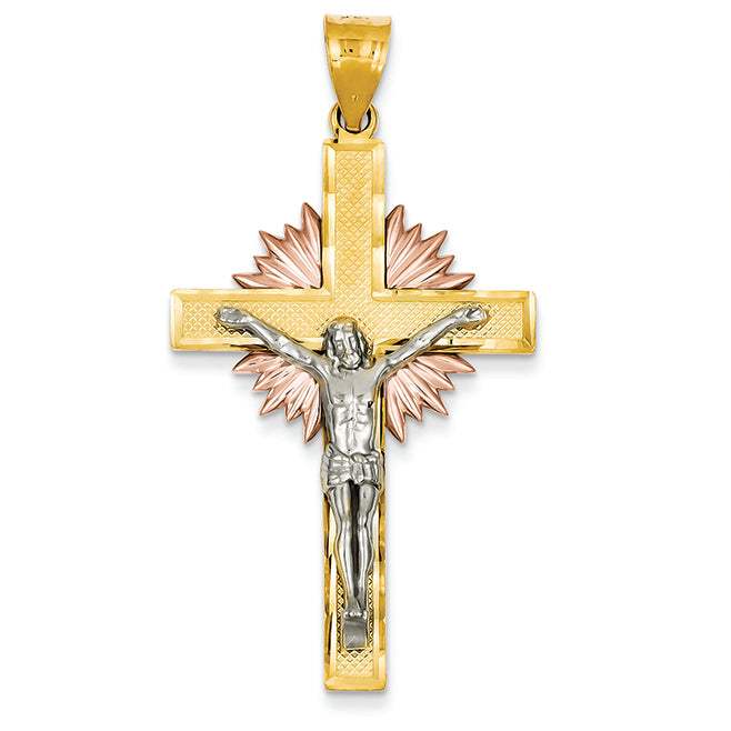 14K Gold Tri-Color Diamond -Cut Crucifix Pendant