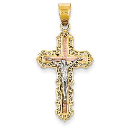 14K Gold Tri-Color Diamond -Cut Crucifix Pendant